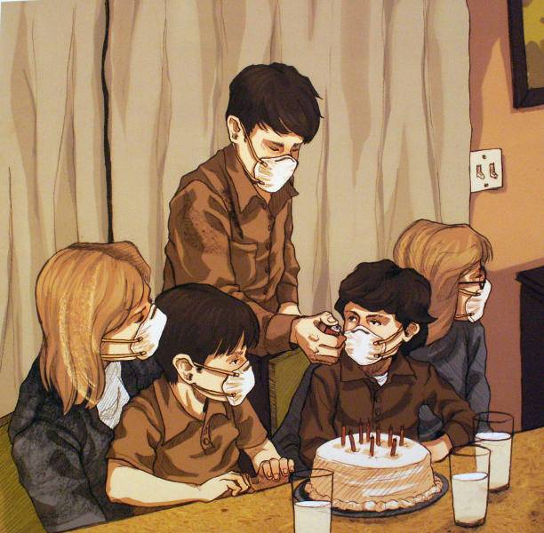 Digital illustration of four people at a birthday party about to light the candles on a cake, all are wearing face masks over their noses and mouths, by Corey Miller, GVSU Alum 2009